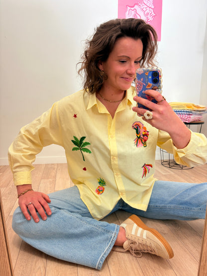 Chemise "Solaire" en Pur Coton – Jaune Lumineux à Motifs Brodés