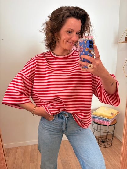 Marinière "Soleil" – Top Rayé Rouge & Rose à Épaules Tombantes