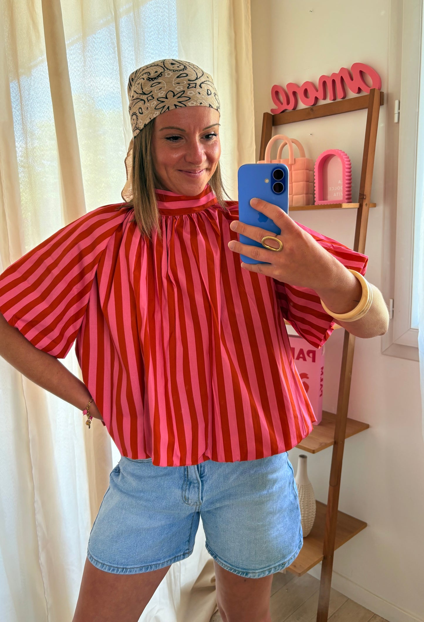 Blouse dos nus à rayures rouille et rose