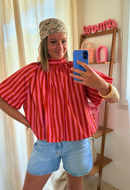 Blouse dos nus à rayures rouille et rose