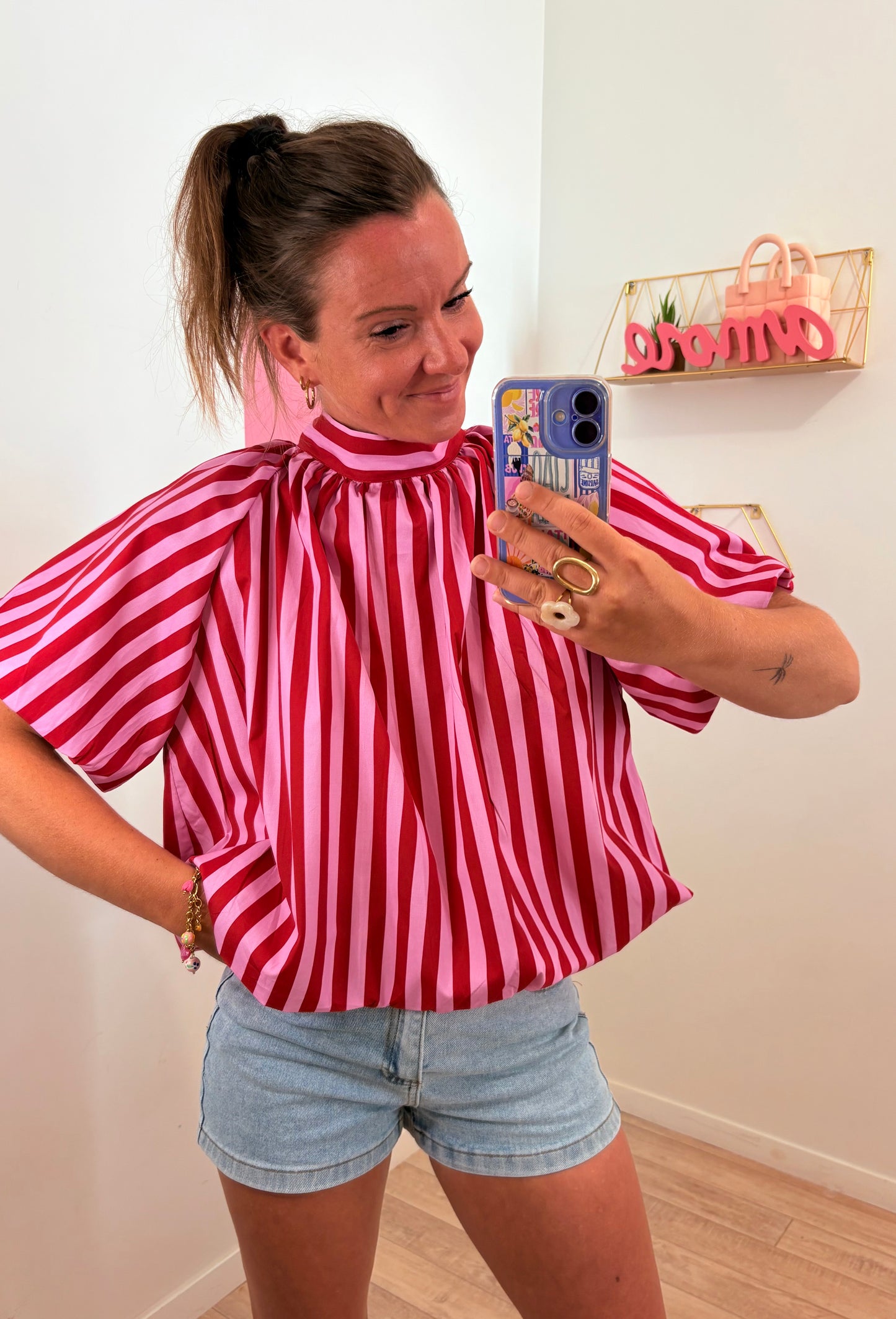 Blouse Dos Nu à Rayures – Rose & Rouge