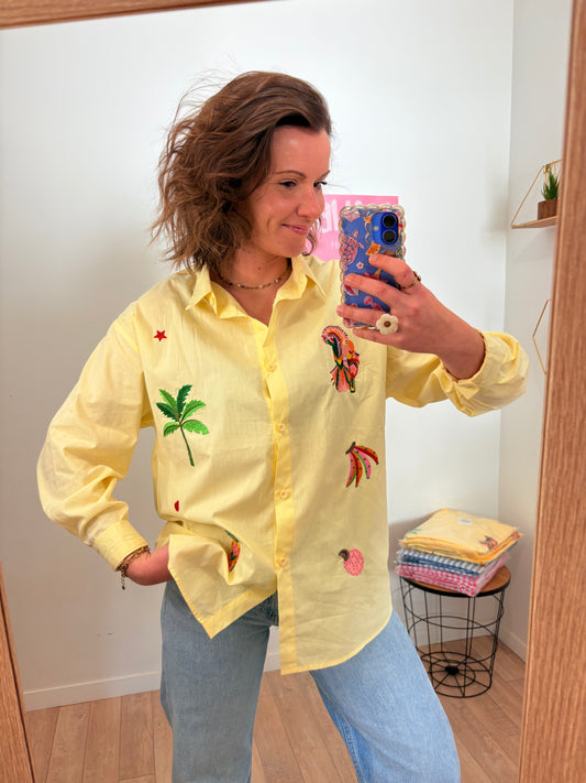 Chemise "Solaire" en Pur Coton – Jaune Lumineux à Motifs Brodés
