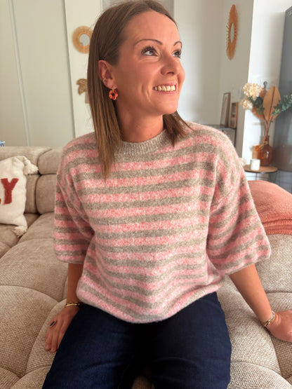 Pull Rayé Rose & Beige – Manches Coudes en Maille Douce (Taille Unique)