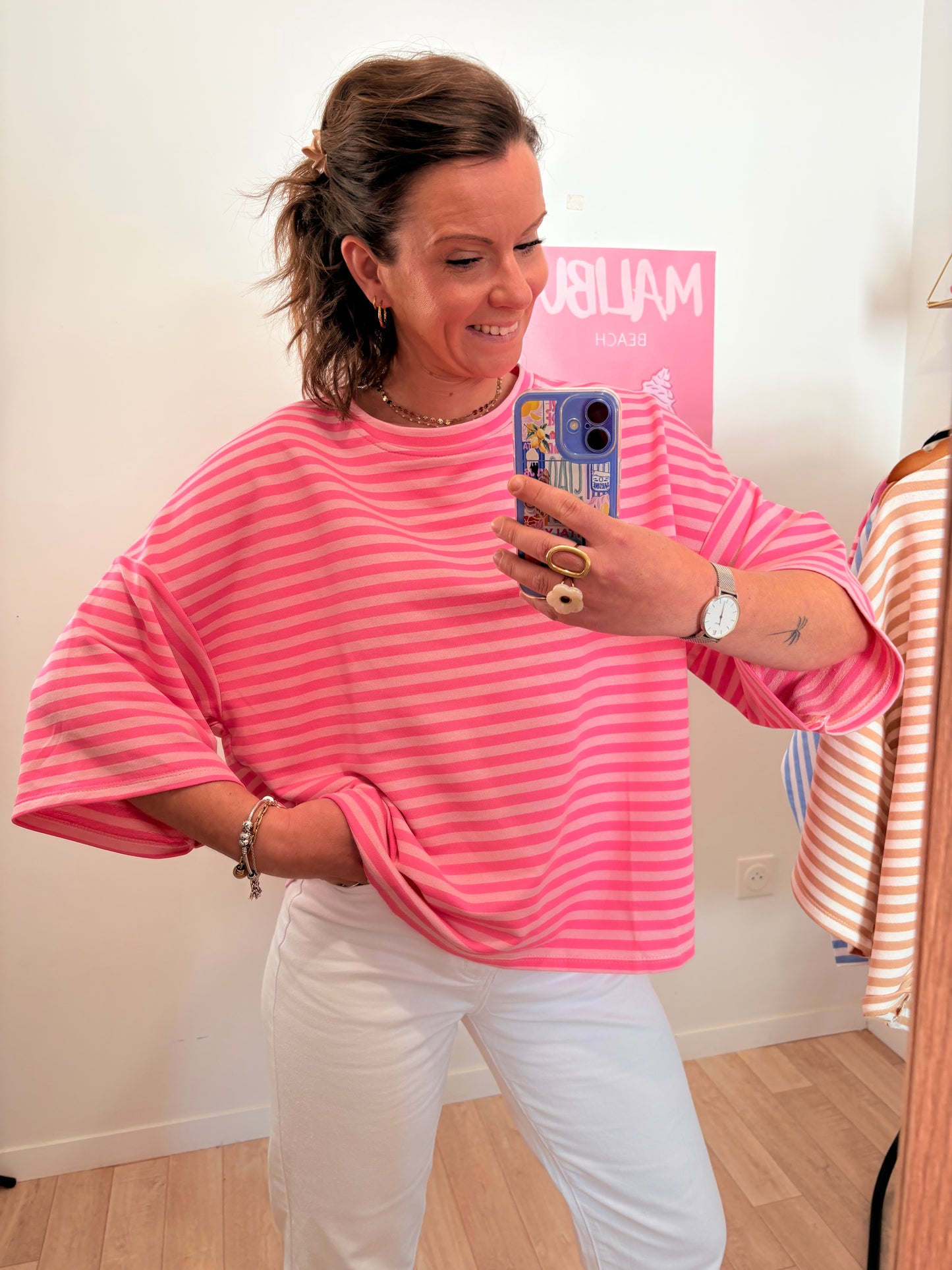 Marinière Oversize rose fushia - Inscription "Soleil" - 100% Coton