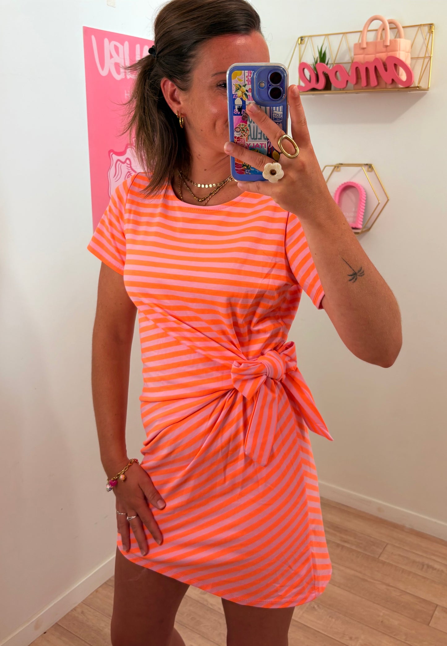 Robe Courte Portefeuille à Rayures – Orange & Rose Clair