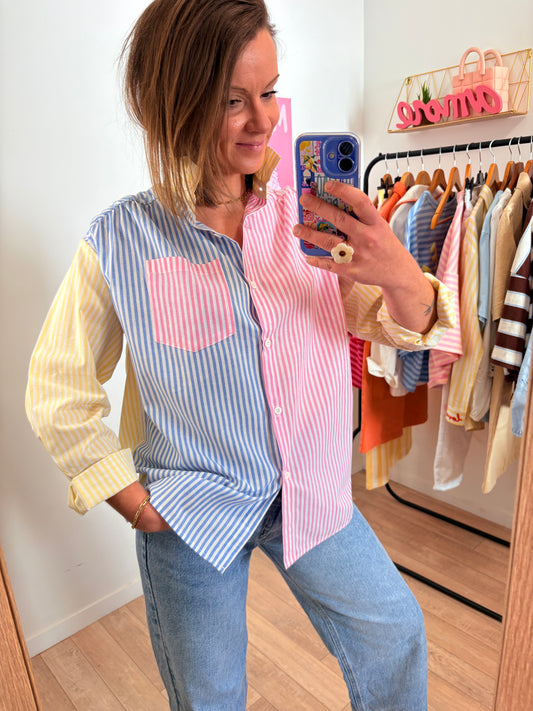 Chemise à Rayures Bleu, Jaune & Rose – Col montant à volants – 100% Coton