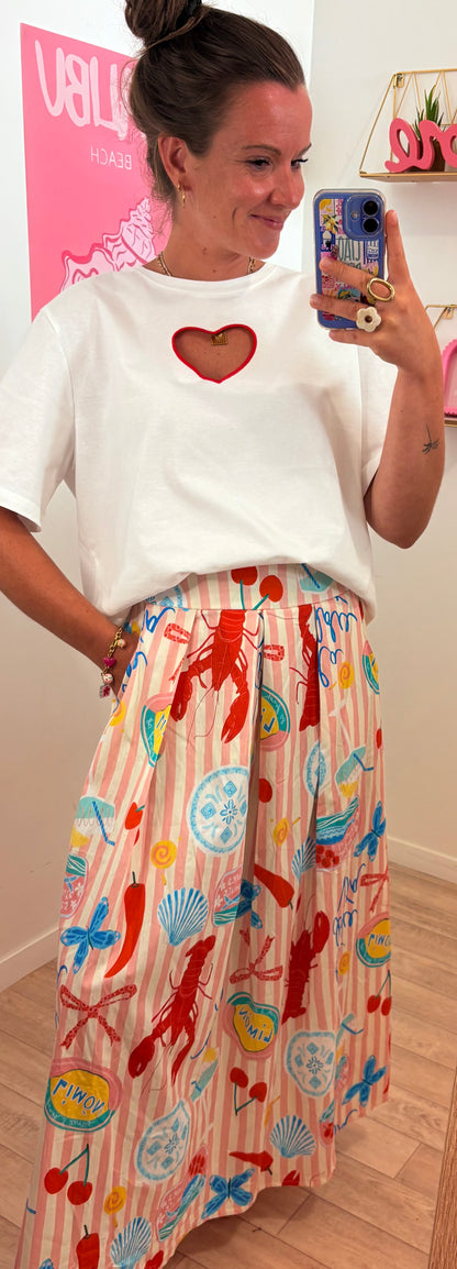 Jupe Longue Riviera – Rayures Roses & Blanches à Motifs Homard