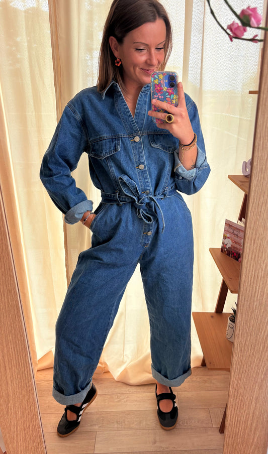 Combinaison en Jean Ceinturée Manches Longues – Coupe Barrel & 100% Coton
