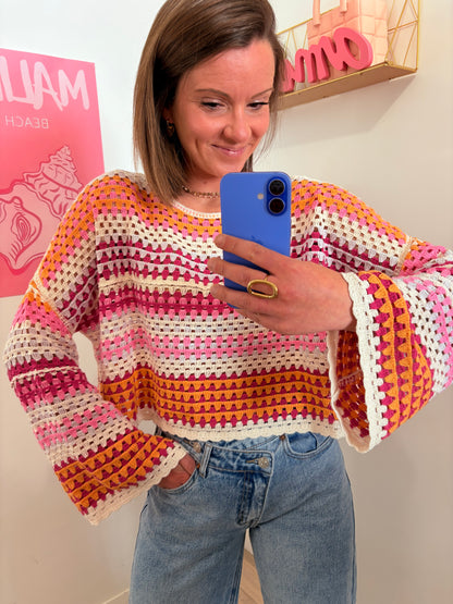 Pull Macramé "Riviera" – Rayures & Manches Évasées