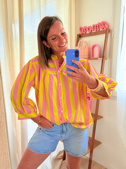 Chemise Légère & Fluide – Rayures Jaune & Rose