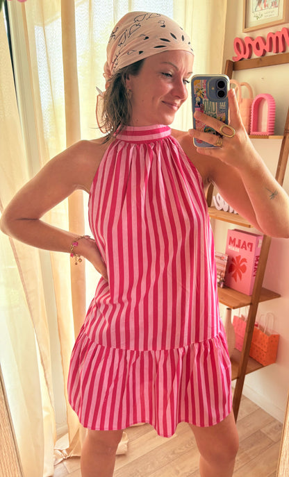 🌸 Robe Dos Nu Rose Pâle & Rayures Fuchsia