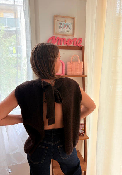Pull Sans Manches Marron dos Nu – Encolure à Nouer