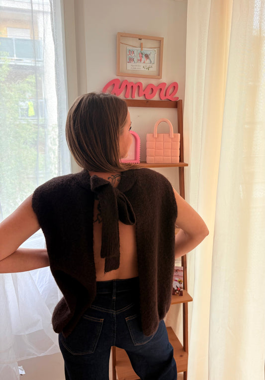 Pull Sans Manches Marron dos Nu – Encolure à Nouer