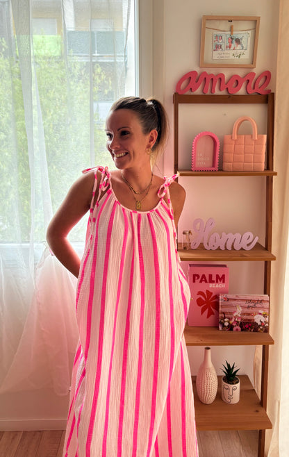 Robe Longue en Gaze de Coton – Rayures Rose & Rose Clair