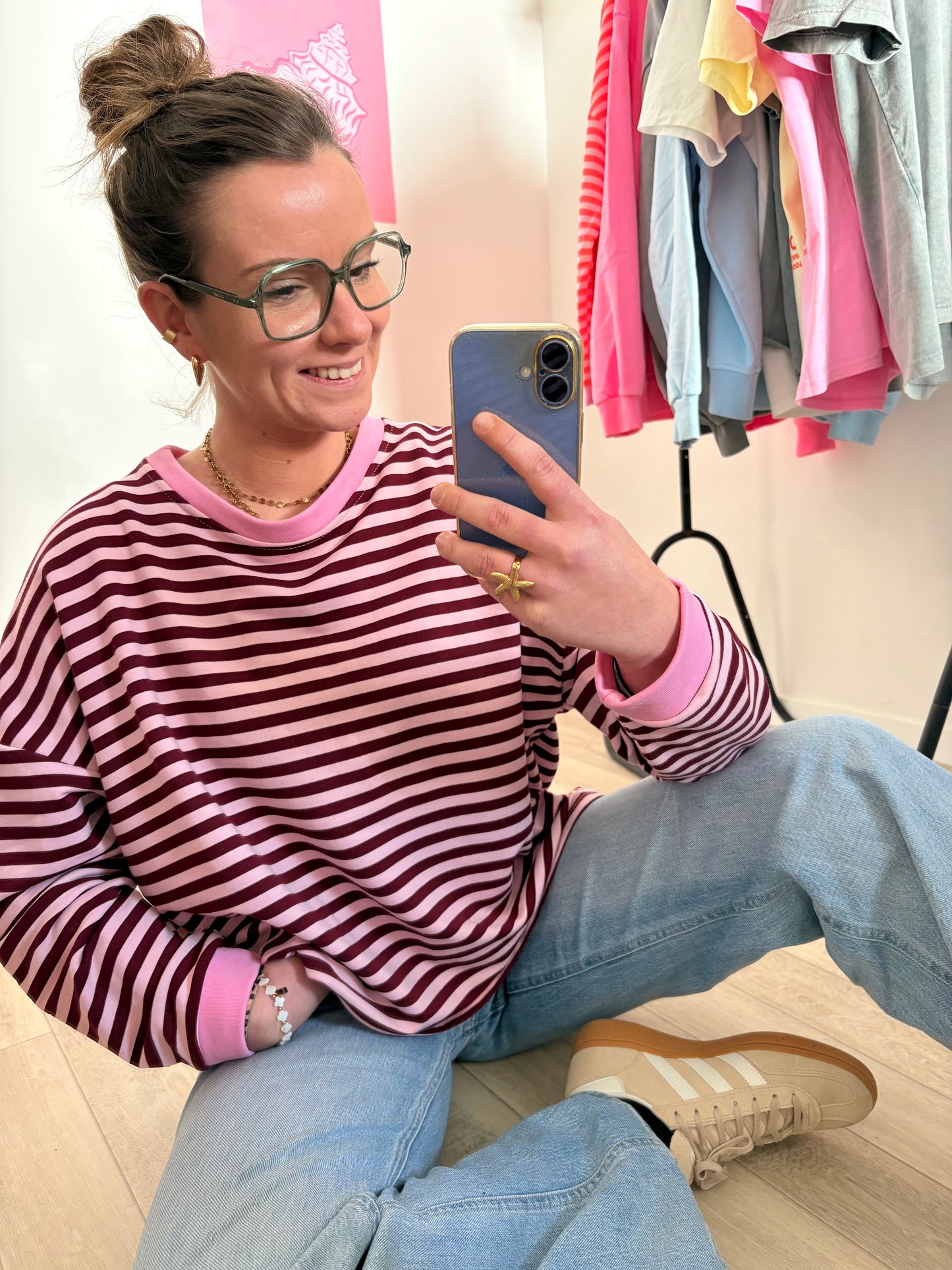 Sweat-shirt à Rayures Bordeaux et Rose – Coupe Confort Taille Unique (34 au petit 40)