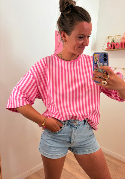 T-shirt Oversize à Rayures Verticales & Dos Cœur – Rose & Rose Clair