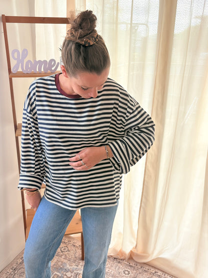 Marinière Gigi bleu/blanche col bordeaux
