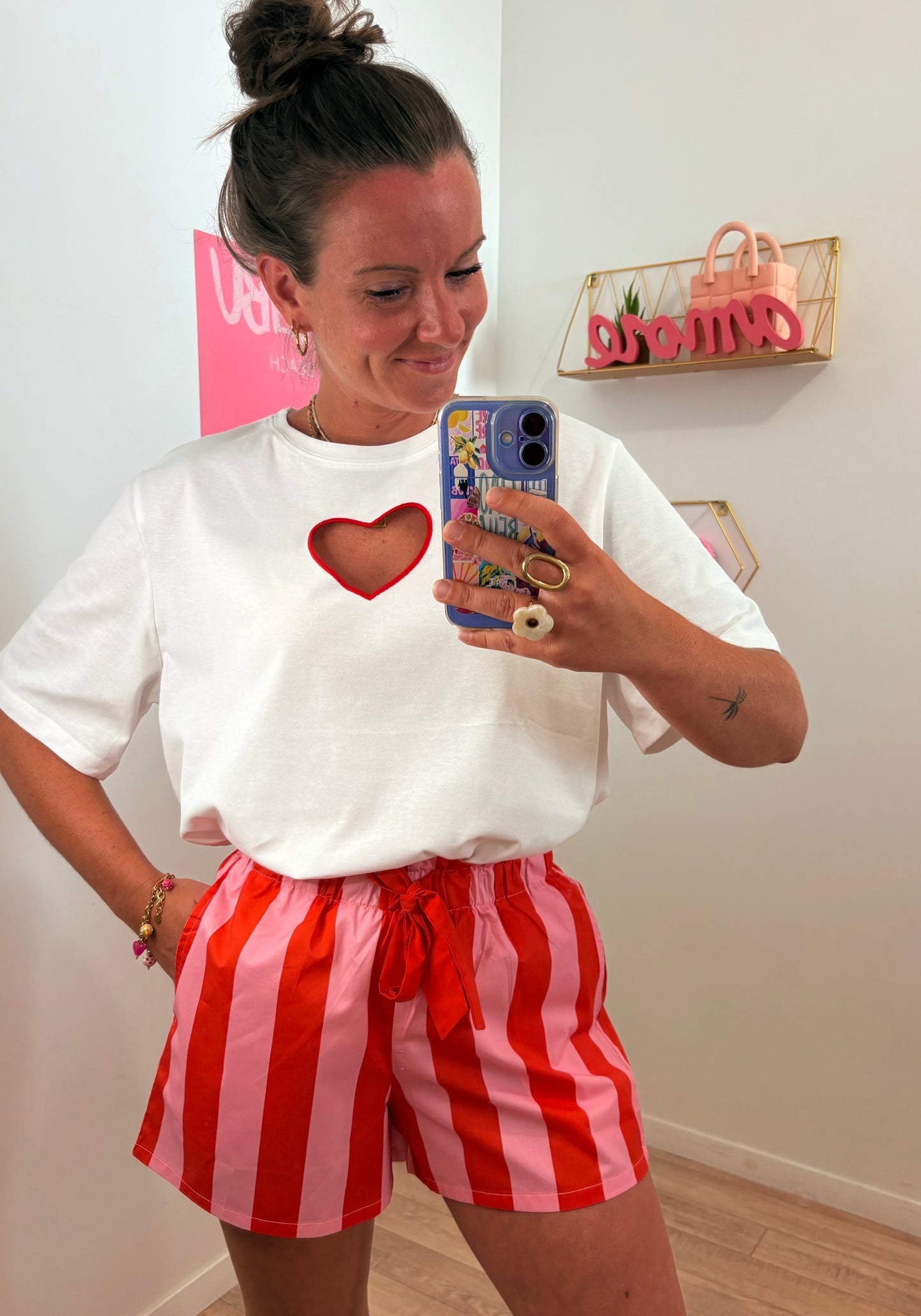 Short à Rayures avec Nœud à la Taille – Rose & Rouge