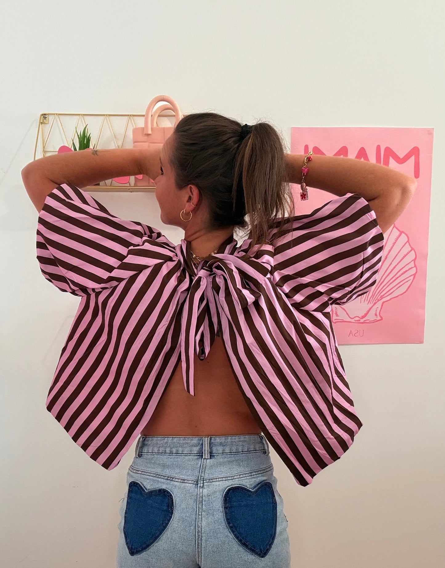 Blouse Dos Nu à Rayures – Rose & Marron