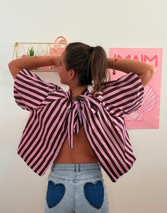 Blouse Dos Nu à Rayures – Rose & Marron