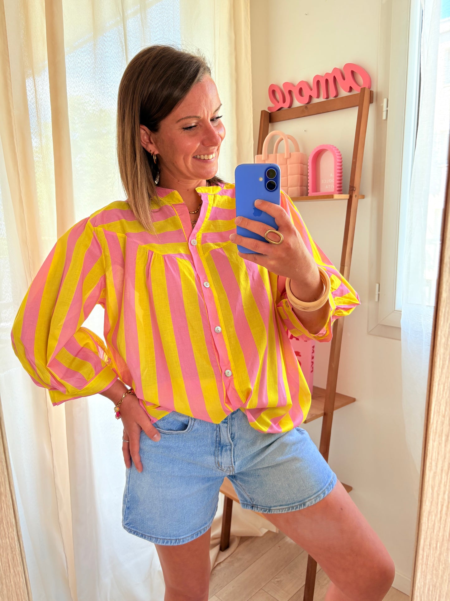 Chemise Légère & Fluide – Rayures Jaune & Rose