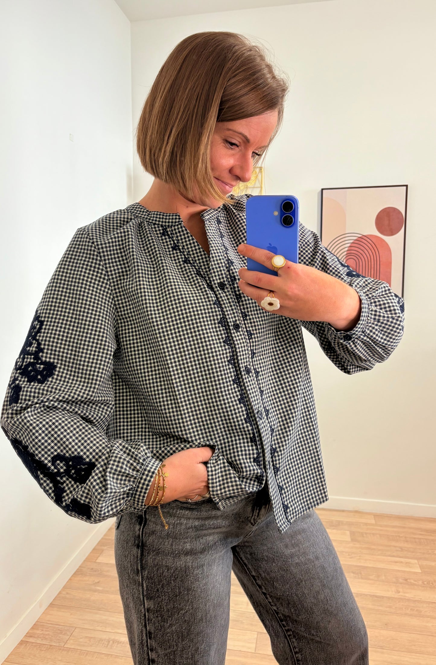 Chemise à Carreaux en Coton Brodé - Bleu Marine & Blanc