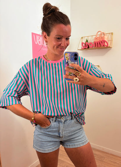 T-shirt Oversize à Rayures Verticales & Dos Cœur – Rose & Turquoise