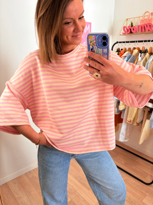 Marinière Oversize Rose & Rose Clair - Inscription "Soleil