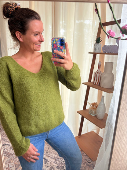 Le Pull Manches Longues Col V Kid Mohair – Olive