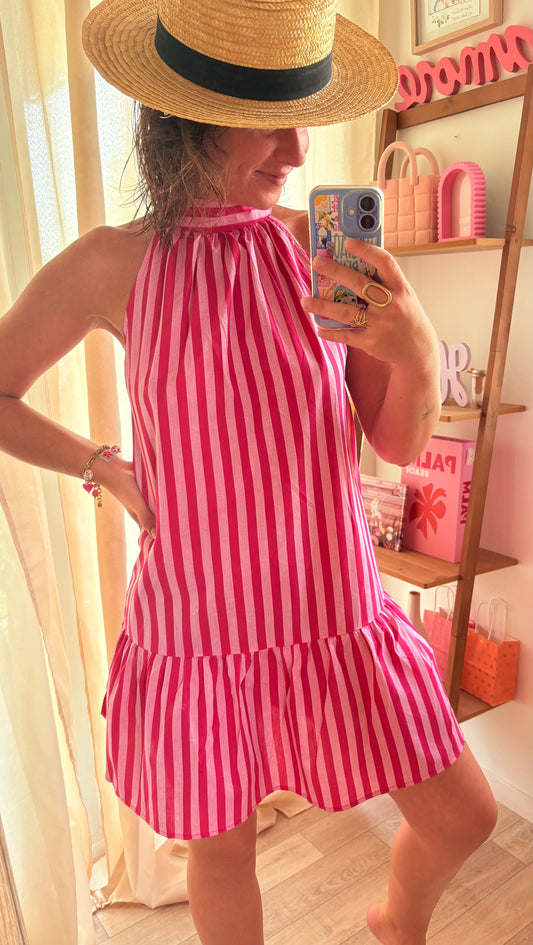 🌸 Robe Dos Nu Rose Pâle & Rayures Fuchsia