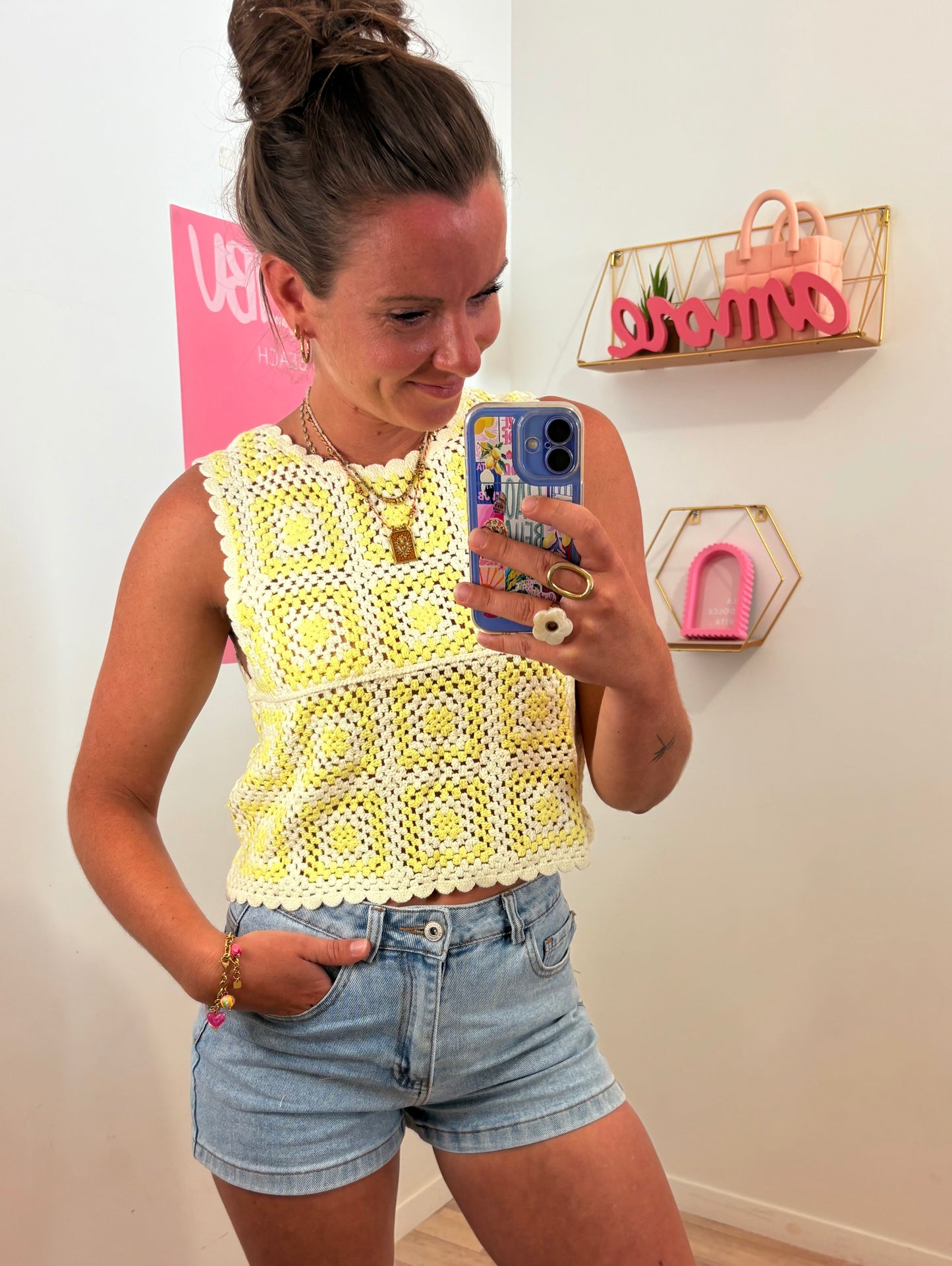 Top d'Été en Crochet et Macramé – Jaune Solaire & Blanc