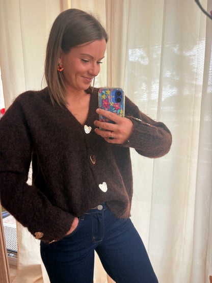 Gilet Marron à Boutons Cœur Dorés – Maille Douce (Taille Unique)