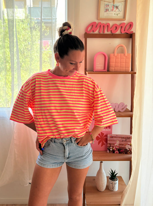 T-shirt marinière jaune et rose
