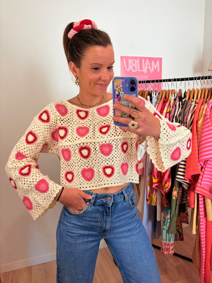 ❤️ Pull en Macramé "Cœurs Passion" – Rose & Rouge