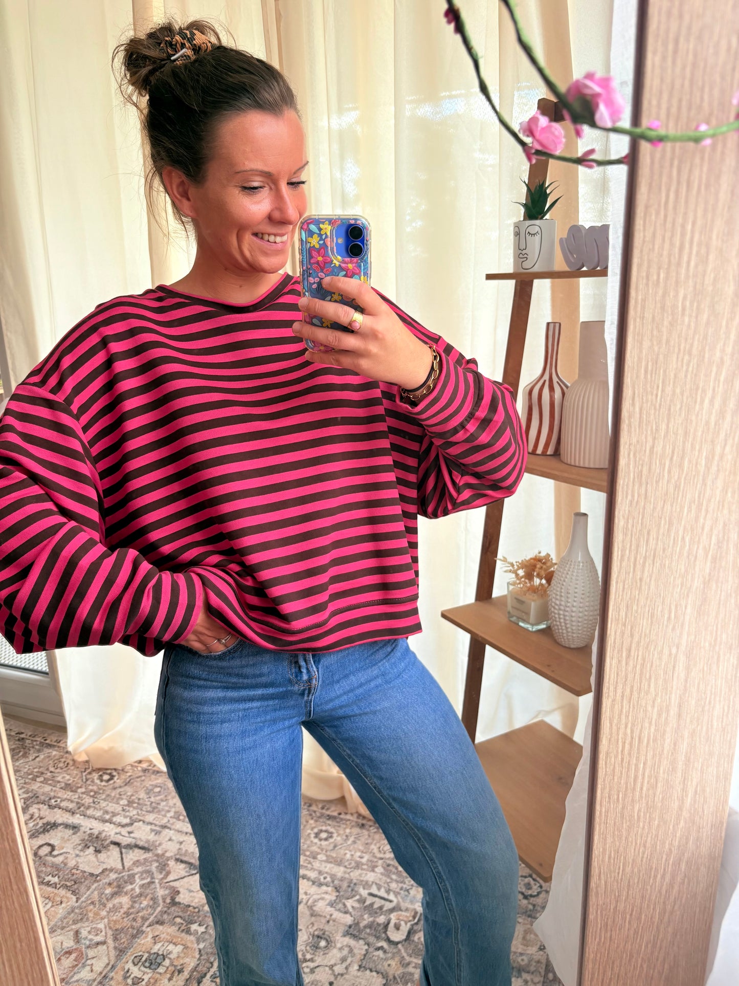 Le Sweat-shirt Marinière Manche Longue Iconic Club – Rose Fuchsia & Marron
