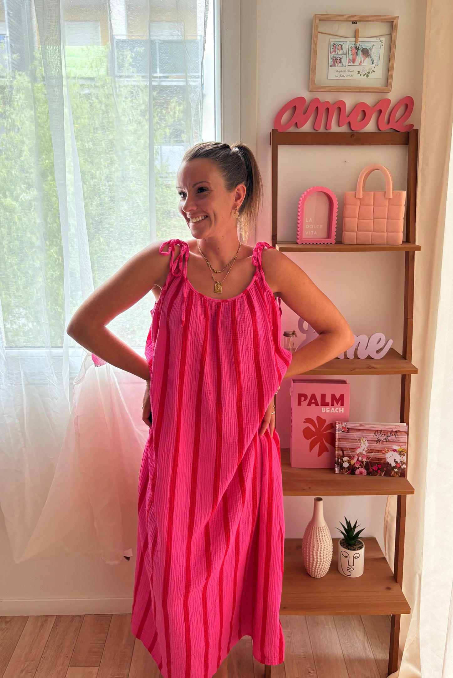 Robe Longue en Gaze de Coton – Rayures Rose & Rouge