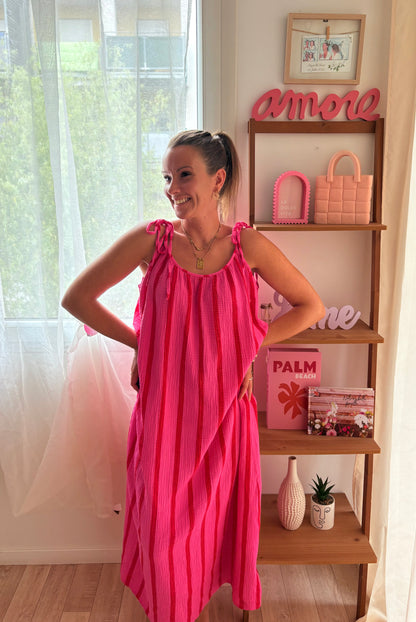 Robe Longue en Gaze de Coton – Rayures Rose & Rouge