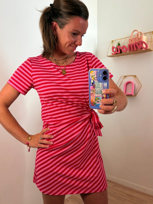 Robe Courte Portefeuille à Rayures – Rose & Rouge