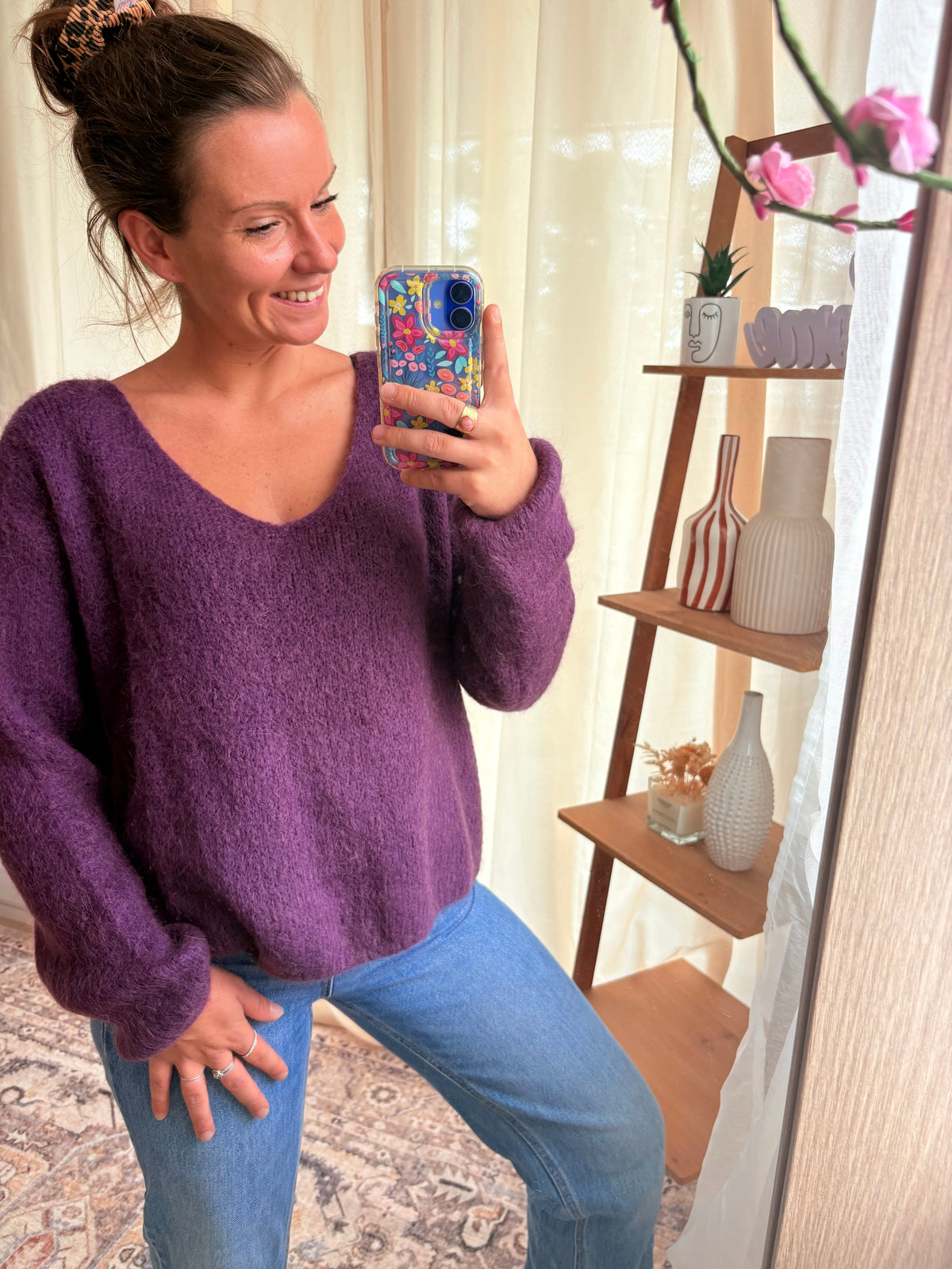 Le Pull Manches Longues Col V Kid Mohair – Prune