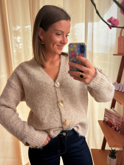 Gilet Beige à Boutons Cœur Dorés – Maille Douce (Taille Unique)
