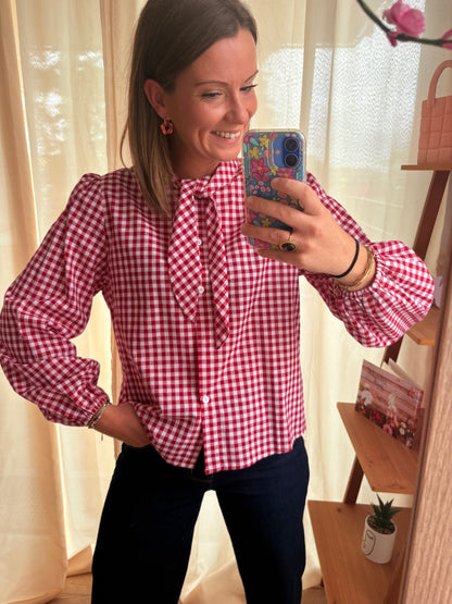 Chemise à Carreaux Vichy Rouge & Blanche – Rubans à Nouer au Cou (S - M - L)