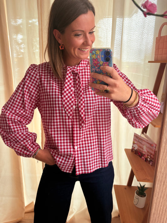 Chemise à Carreaux Vichy Rouge & Blanche – Rubans à Nouer au Cou (S - M - L)