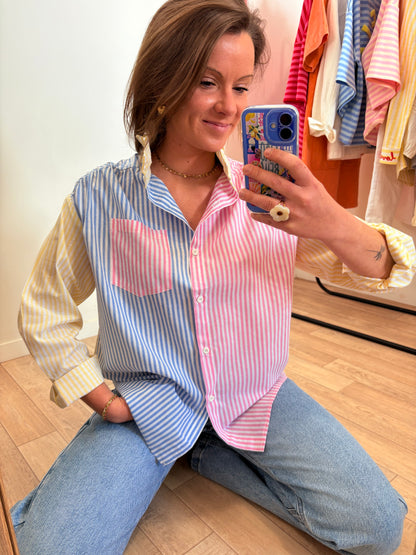 Chemise à Rayures Bleu, Jaune & Rose – Col montant à volants – 100% Coton