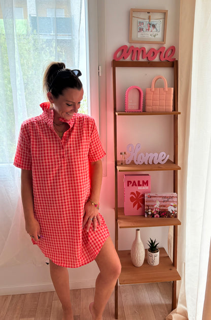 Robe Vichy Corail & Rouge à Col Volanté
