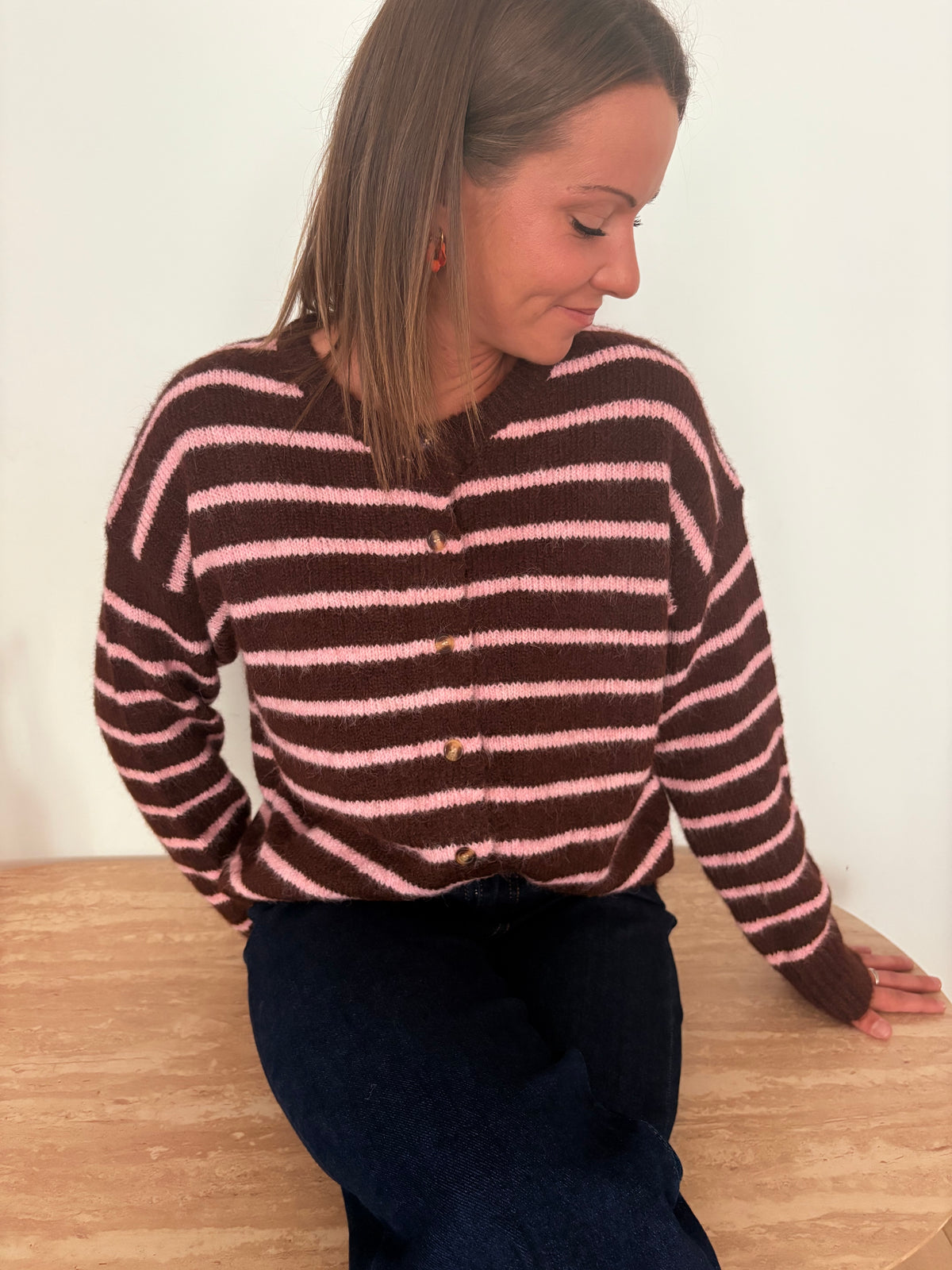 Gilet Rayé Marron & Rose en Maille Recyclée (Taille Unique)