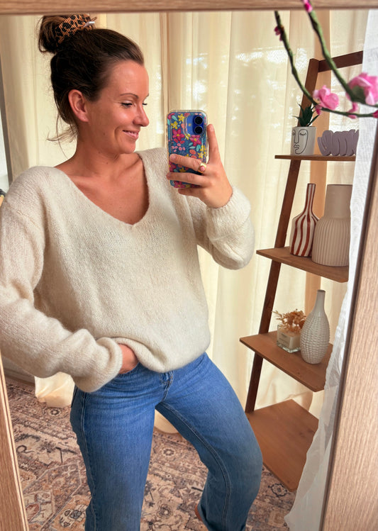 Le Pull Manches Longues Col V Kid Mohair – Écru