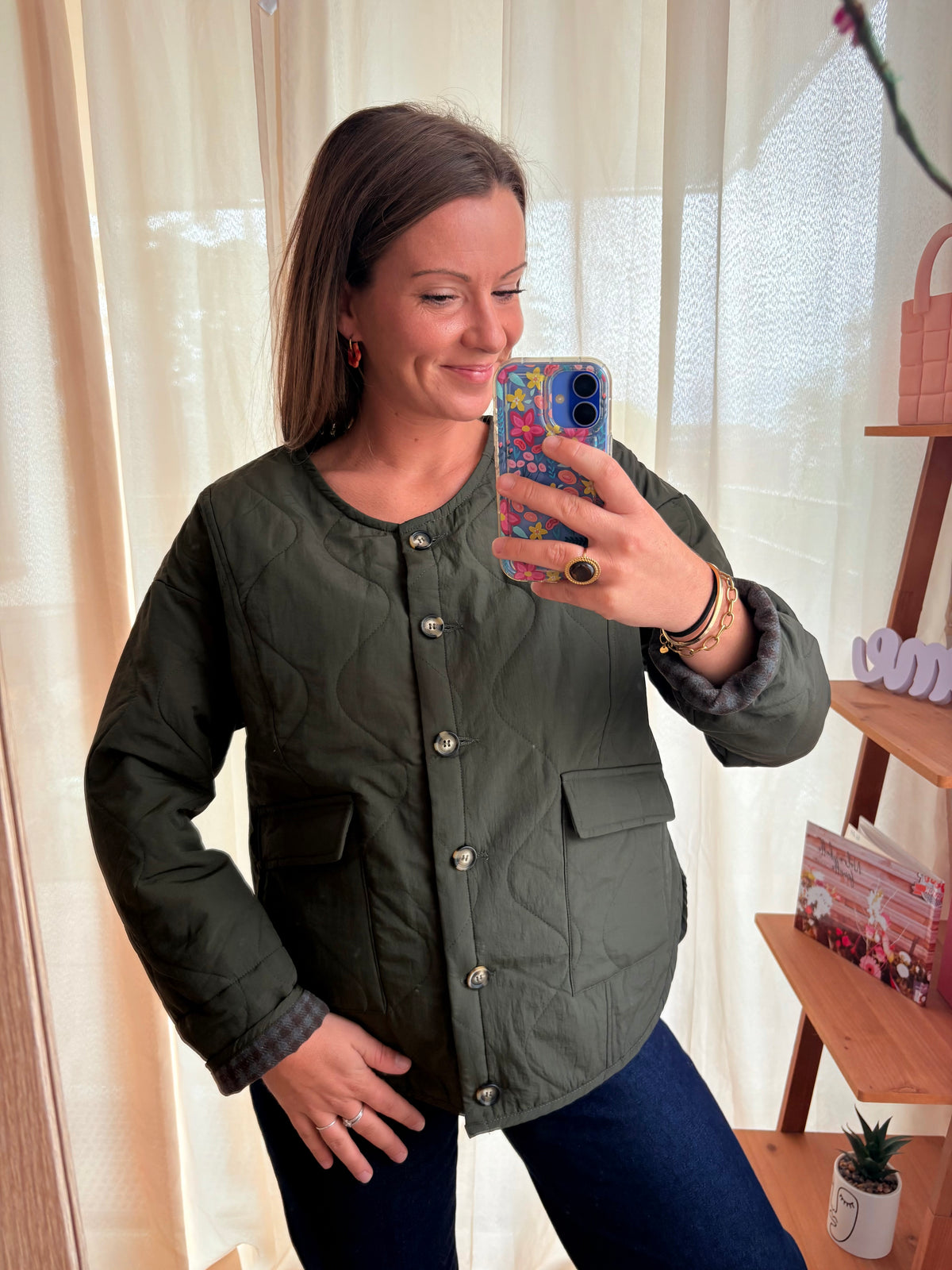 Veste Automnale Kaki à Revers Vichy