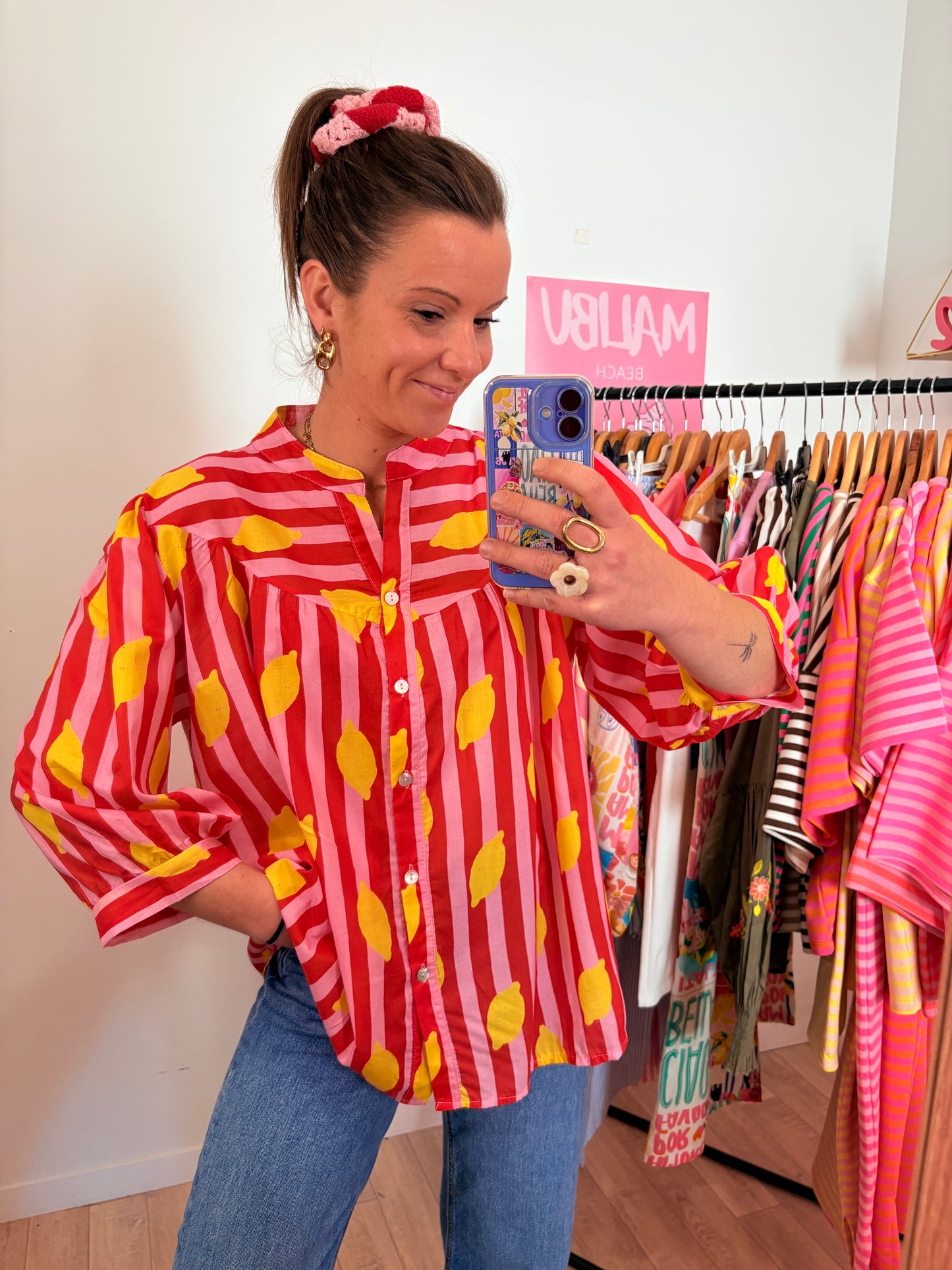 🍋 Chemise Fluide Citron – Rayures Rose & Rouge