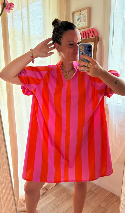 Robe Fluide « Sorbet » – Rayures Rose & Orange