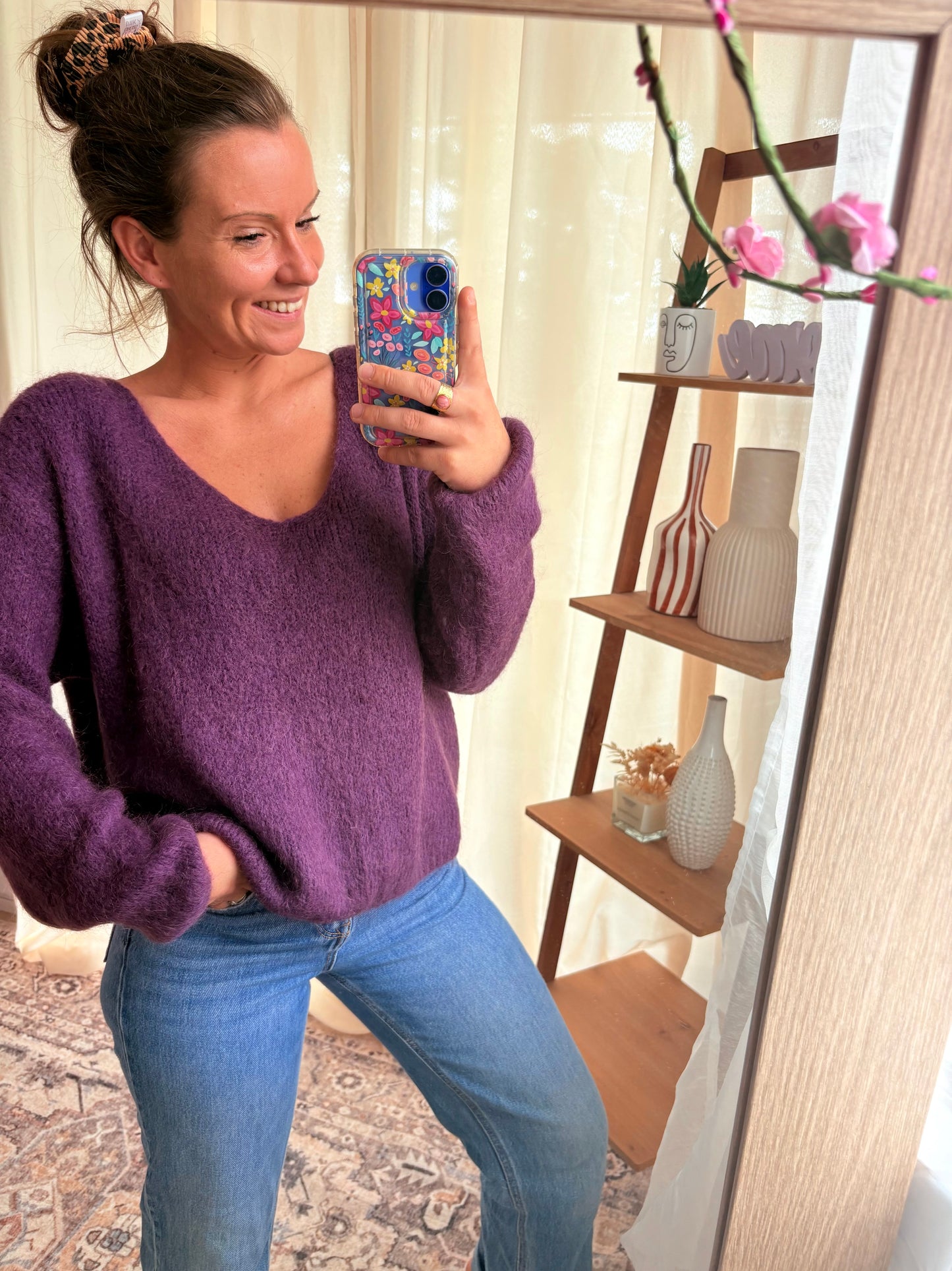 Le Pull Manches Longues Col V Kid Mohair – Prune